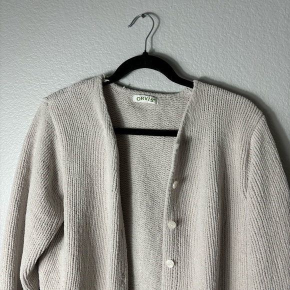 Orvis Women’s Size Large Ecru Chenille Button Up Cardigan Long Sleeve - Picture 2 of 8